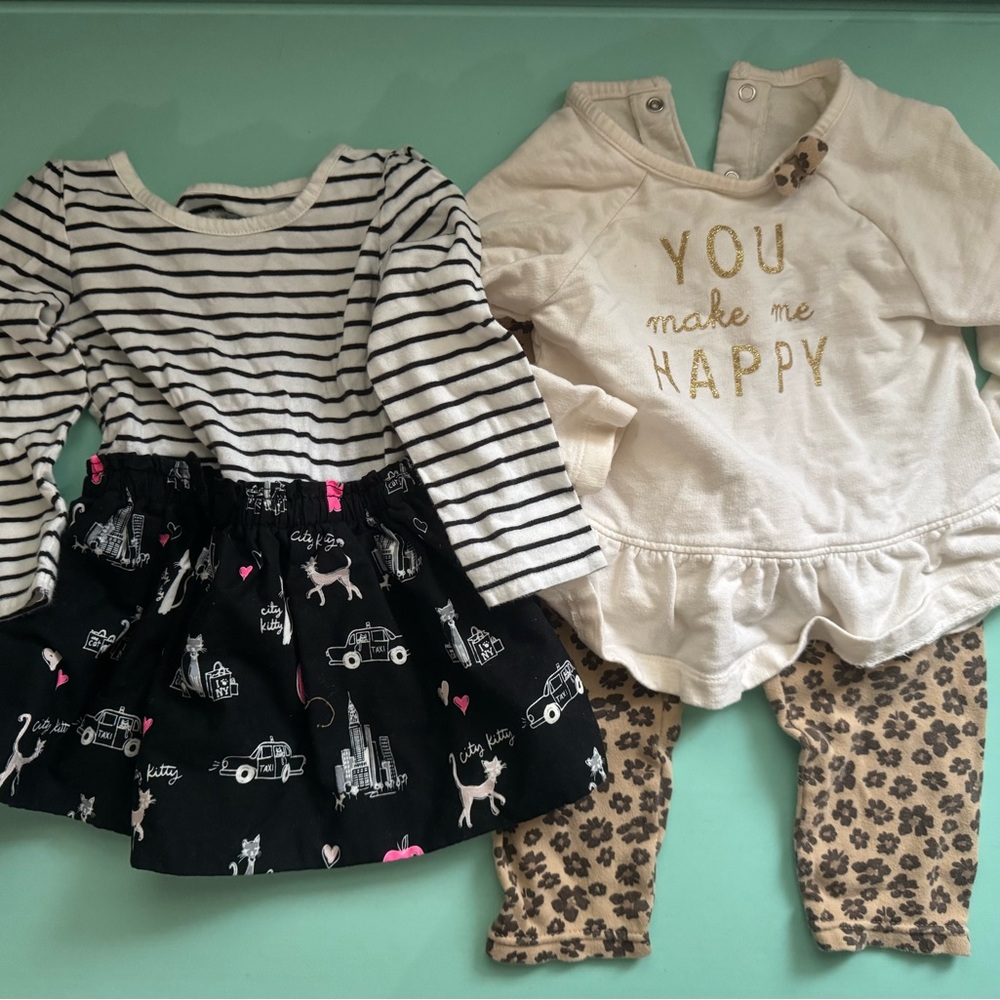 Girls 18M Outfit Bundle – “You Make Me Happy” Top & Leggings +‎ City Kitty Dress
